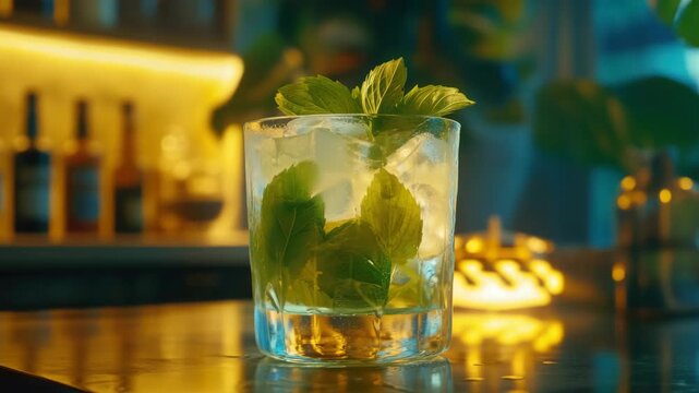 A close-up of a minty mojito cocktail with ice, garnished and served in a glass on a bar.