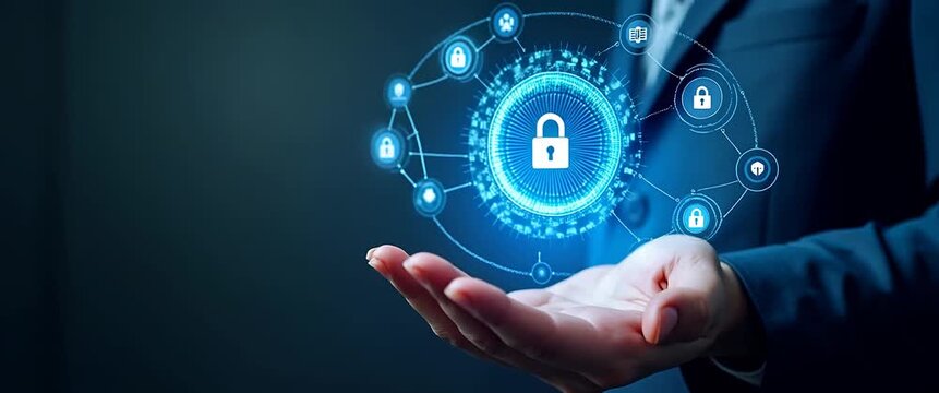 A hand presents a glowing digital lock interface symbolizing cybersecurity, with camera gently panning to reveal a dynamic, cinematic network of interconnected nodes in ambient motion.