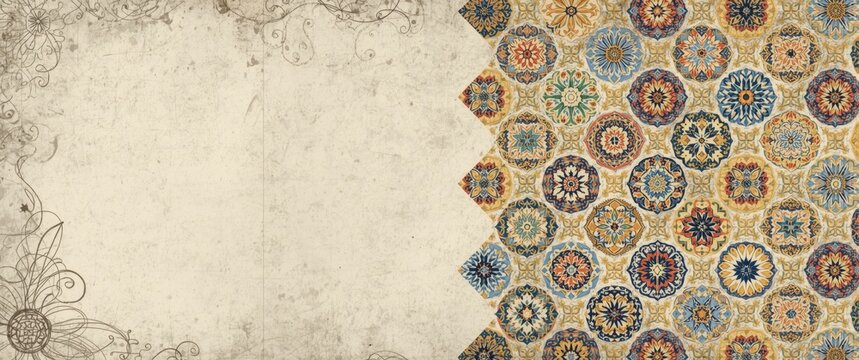 Vintage seamless pattern with an attrition effect, composed of patchwork tiles, hand-drawn abstract Azulejos tiles, ideal for Portuguese and Spain decor