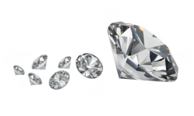 Large and small diamonds gemstones isolated on a transparent background