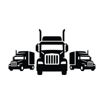 Three semi trucks and trailers in a row on white background icon