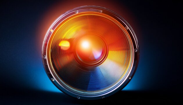 bright illuminated fresnel lens with glowing reflections in a dark background