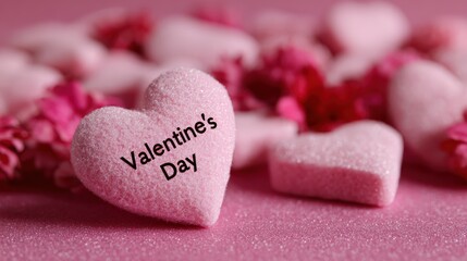 Obraz premium Sweet, sugared hearts and rose petals spread out, the essence of Valentine's Day. ..Created with Generative AI, not depicting real subjects.