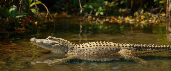 Obraz premium Crocodile (Crocodylus palustris) resting and sunbathing in water in Sri Lanka