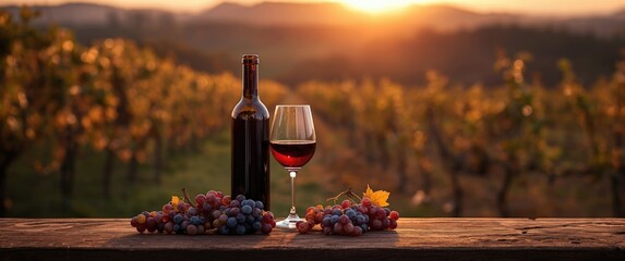 Obraz premium Vineyard scene featuring a bottle and glass of red wine with grapes during sunset