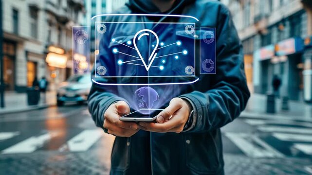 Person holding smartphone with digital location map interface and gps hologram on city street. Concept of navigation, mobile positioning and urban technology