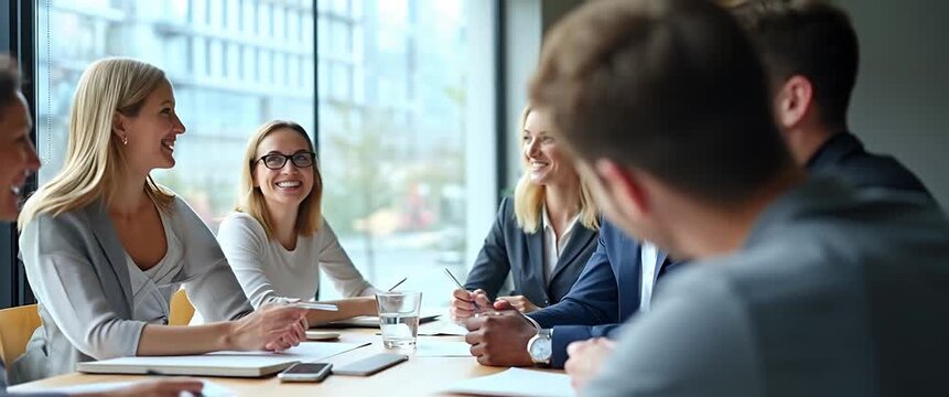 Collaborative business meeting as diverse professionals engage in lively discussion, camera smoothly pans across the modern office, capturing dynamic expressions in cinematic style.