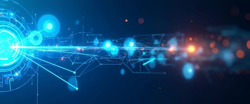 Futuristic digital interface pulses with dynamic light patterns, as the camera smoothly pans across a vibrant, abstract network, creating a cinematic technology-driven atmosphere.
