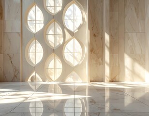 Architectural Interior with Sunlight and Geometric Window Patterns.
