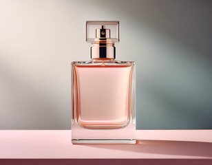 a pale perfume bottle stands elegantly against a soft pastel background the minimalist design highlights its modern appeal perfect for beauty enthusiasts and product showcasing