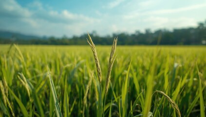 Obraz premium Green rice plants on a farm in a tropical region, highlighting crop cultivation and environmental preservation