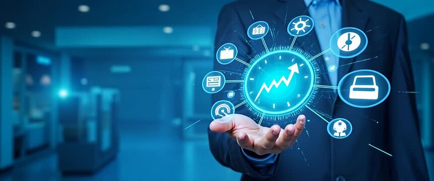 Businessman holds digital icons with data analytics concept, as the camera slowly pans, capturing ambient office lights flickering in a cinematic style.