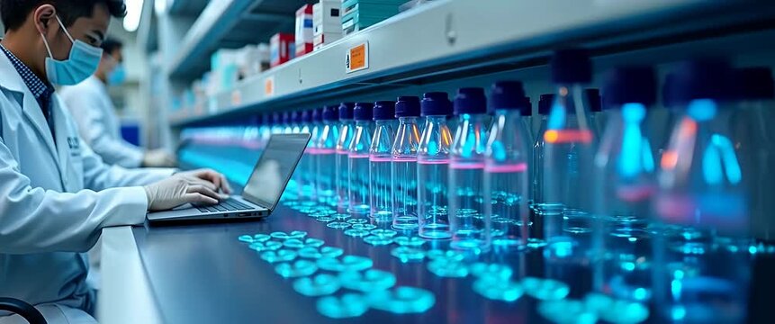 Scientist in a laboratory types on a laptop amid glowing vials, with a slow pan across the organized workspace and ambient lights flickering, creating a cinematic, research-focused atmosphere.