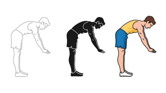 Man performing a standing forward bend stretching the hamstrings and lower back muscles in three different artistic styles for fitness illustration guides
