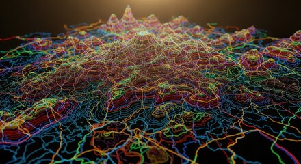 Digital topographic visualization displays intricate layers of colorful elevation data against a dark background