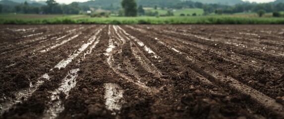 Tire Tracks in a Newly Plowed Muddy Field