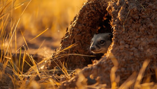 Mongoose exiting a termite mound in Botswana, illustrating wildlife behavior and habitat interaction
