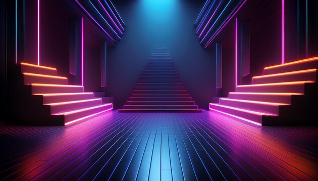 empty square room with abstract dark background with glowing lines and neon light in the shape of stairs on black floor