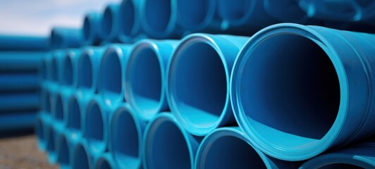 The Blue PVC Pipes Stacked Outdoors for Construction Supply Closeup Industrial Texture