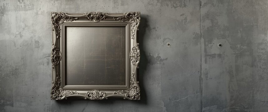 Close-up view of a lone silver Baroque picture frame on a gray weathered concrete background