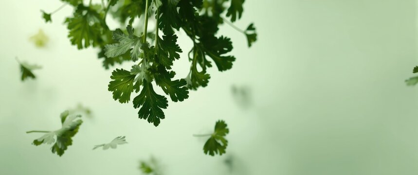 Fresh cilantro leaves soaring over a light green backdrop