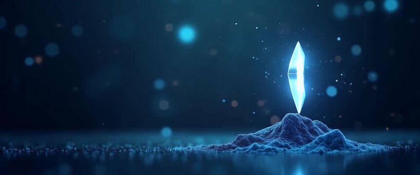 Futuristic cryptocurrency symbol hovers above a digital landscape, gently rotating as the camera slowly pans across a dynamic, glowing bokeh background, creating a cinematic tech ambiance.