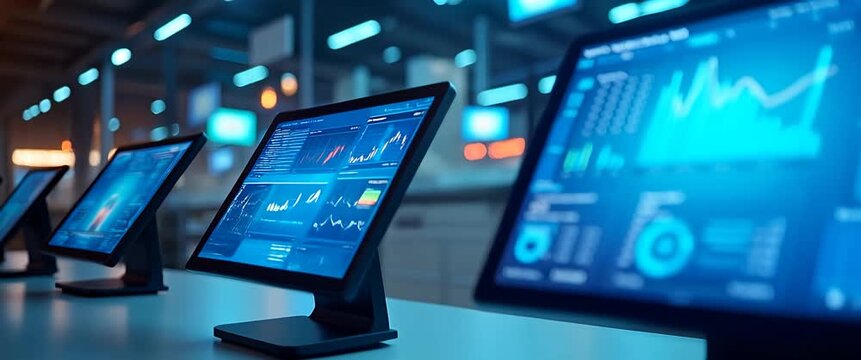 Modern office workspace with dynamic data displays; screens show animated financial graphs, lights flicker softly; camera pans steadily across sleek digital setups; cinematic style.