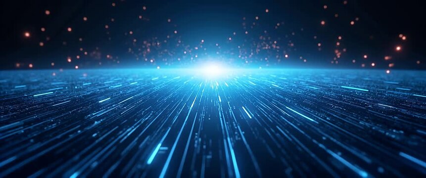 Futuristic digital landscape with glowing data streams moves forward, as the camera steadily tracks the horizon; ambient lights flicker in a cinematic, high-tech atmosphere.