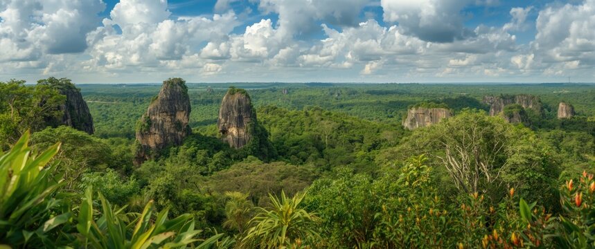 Picturesque scene with vibrant greenery and unusual rock structures