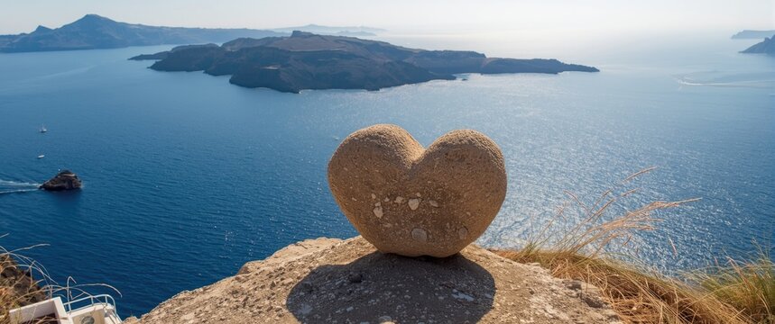 A heart-shaped rock on Santorini's caldera offers a scenic overlook of the volcano, blue sea, and cliffs