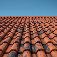 A close-up view of a weathered terracotta tiled roof against a clear blue sky