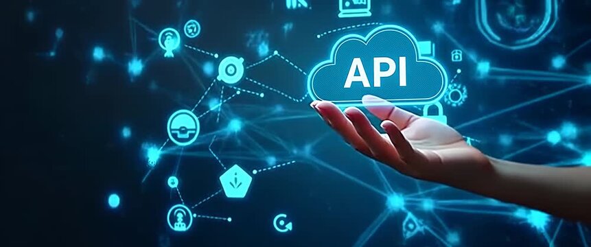 Hand reaching towards a digital cloud labeled API, icons gently pulsing, with a slow cinematic pan revealing a futuristic technology interface; perfect for tech innovation concepts.