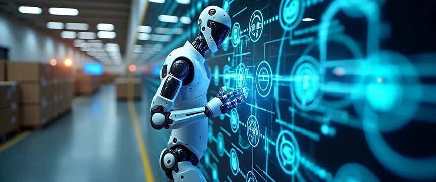 Futuristic robot interacts with digital interface in a high-tech warehouse as camera smoothly tracks right, with ambient lights flickering, in a cinematic, technology-driven setting.
