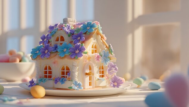 Floral Easter Gingerbread House: Springtime Treat Delicate Decoration Pastel Colors Festive Holiday Bakery Confectionery Cute Miniature Ornament
