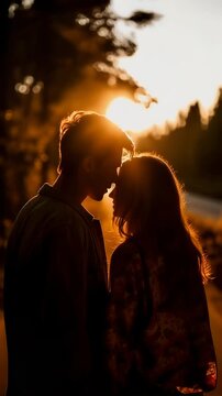 Close-up of a couple touching foreheads in soft golden light expressing intimacy romance and deep emotional connection