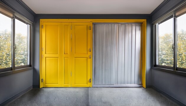 empty square room with old metal and aluminium yellow folding door retro sliding and folding door as the retro vintage home design