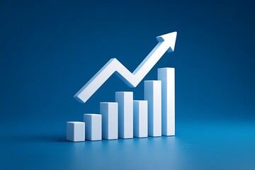 Upward Trend Diagram: Dynamic 3D Rendering of a Bar Graph with Ascending Arrow Against a Vibrant Blue Backdrop Depicting Financial Growth and Success