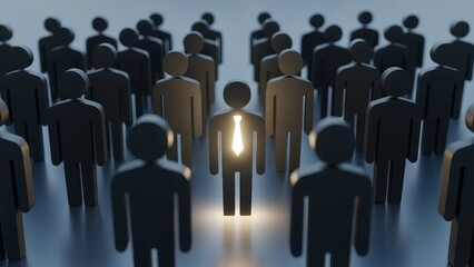 Obraz premium Bright leader figure with glowing tie stands out from the dark crowd.