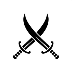 &ldquo;Two identical curved swords crossing, black solid silhouette, minimalist vector icon, high contrast&rdquo;