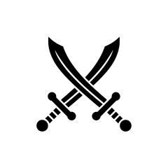 &ldquo;Two identical curved swords crossing, black solid silhouette, minimalist vector icon, high contrast&rdquo;