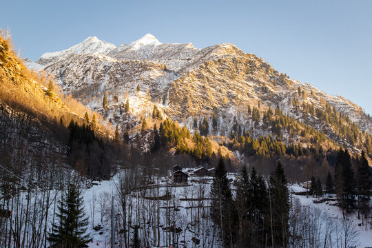 View of the mountain peaks around Alagna Valsesia, at the slopes of Rosa Massif, during wintertime. It has located in Piedmont Region (Northern Italy) and it's a rinomate ski resort.