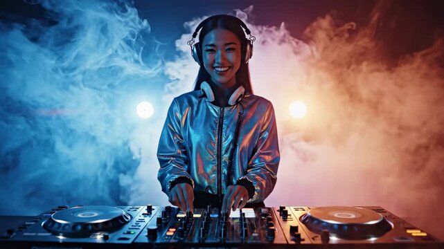 Young DJ performing with turntables in smoky neon lights.