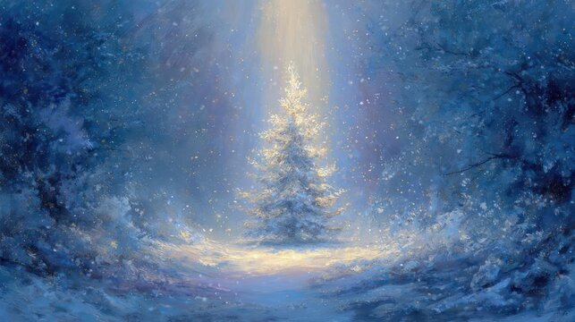 Enchanted winter forest pathway illuminated by a radiant beam of light shining down on a solitary snow covered evergreen tree - Powered by Adobe