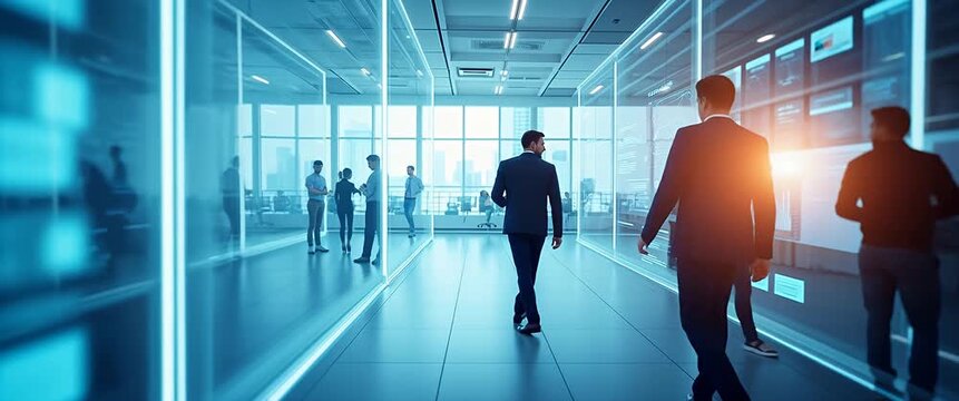 Business professionals analyzing digital data on interactive screens, with a cinematic slow pan capturing ambient office light flickers, creating a focused yet dynamic corporate environment.