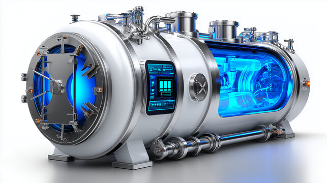 Caisson cryog&eacute;nique horizontal futuriste en acier renforc&eacute; avec fen&ecirc;tre en verre d&eacute;poli. Tuyaux industriels et design de laboratoire haut de gamme