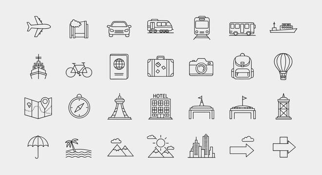 Travel and transportation icon set vector illustration, minimalist design elements