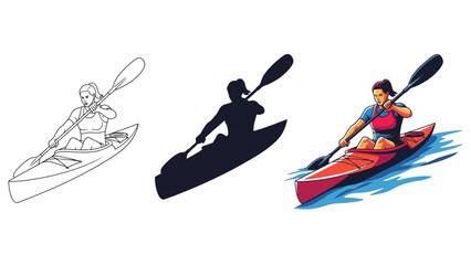 Collection of kayak illustration styles featuring a determined woman paddling a sleek boat across vibrant blue water demonstrating outline silhouette and full color versions