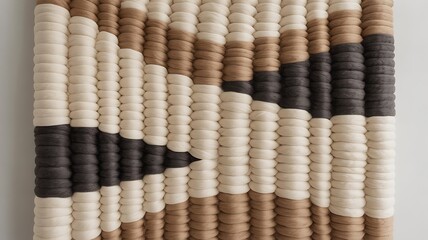 Modern woven wall hanging featuring natural earthy tones and abstract geometric patterns in beige brown and black hues for contemporary home decor inspiration.