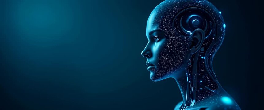 Futuristic AI robot head with glowing circuits turns slowly, while camera executes a smooth pan against a dark digital background; cinematic sci-fi style, ideal for technology and innovation themes.