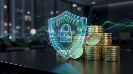 Cyber security in banking concept with digital shield guard protecting stacks of gold coins on dark background